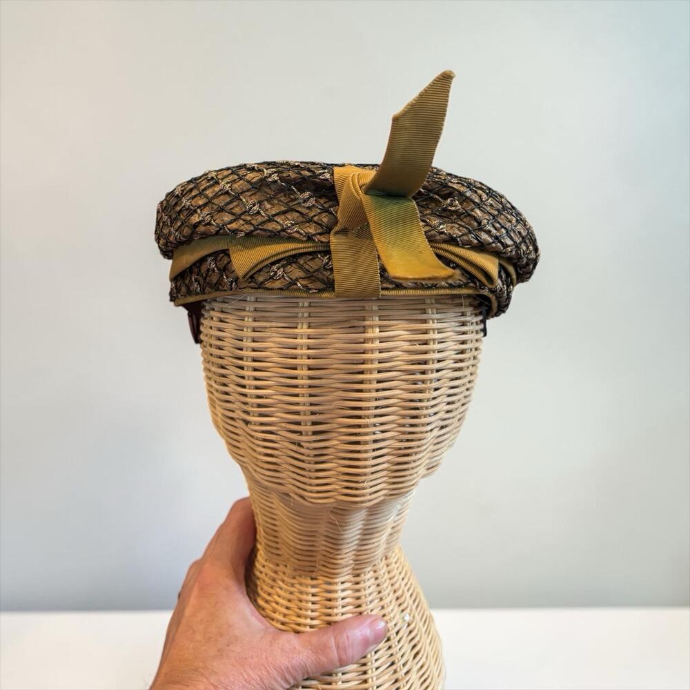 Vintage Jeanne Tête MacLean Chicago Cocktail Hat Woven Straw Metallic Lattice